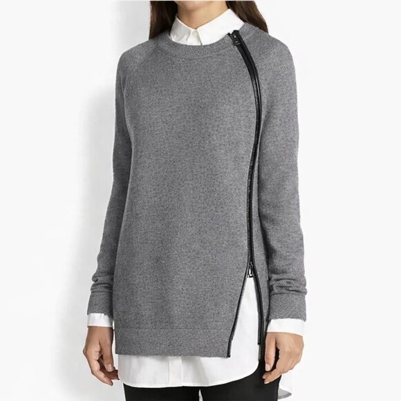 Vince Sweaters - VINCE Wool Knit & Leather Trim Sweater Asymmetric Side Zip Grey Women's Large